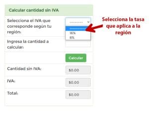 calculadora de iva. selecciona la tasa de IVA que aplica a la región del país donde estás