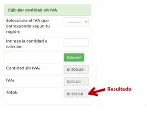 Finalmente en la parte inferior se desplegará el cálculo con la cantidad sin IVA, el IVA y el Total