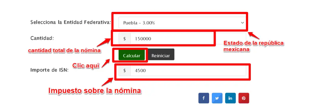 Calculadora de impuesto sobre nómina
Para utilizar esta herramienta, debes tener el total de tu nómina mensual y agregarla en Cantidad. Recuerda que no todas las remuneraciones se integran en el pago de impuesto.

Después tienes que elegir la entidad Federativa a la que pertenece tu empresa y dar clic en calcular. 