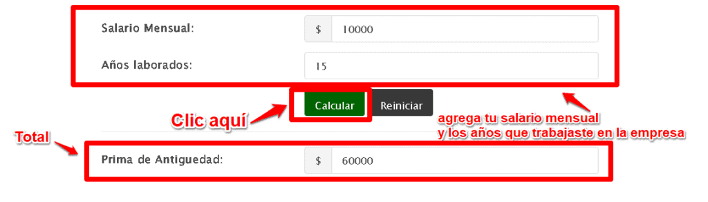 Cómo funciona nuestra calculadora de prima de antigüedad Utilizar nuestra herramienta es muy sencillo, solo tienes que ingresar tu sueldo mensual y los años que estuviste trabajando, al finalizar da clic en calcular.  Una vez que se haga el cálculo, encontrarás tu resultado en el apartado llamado “Prima de Antigüedad”.