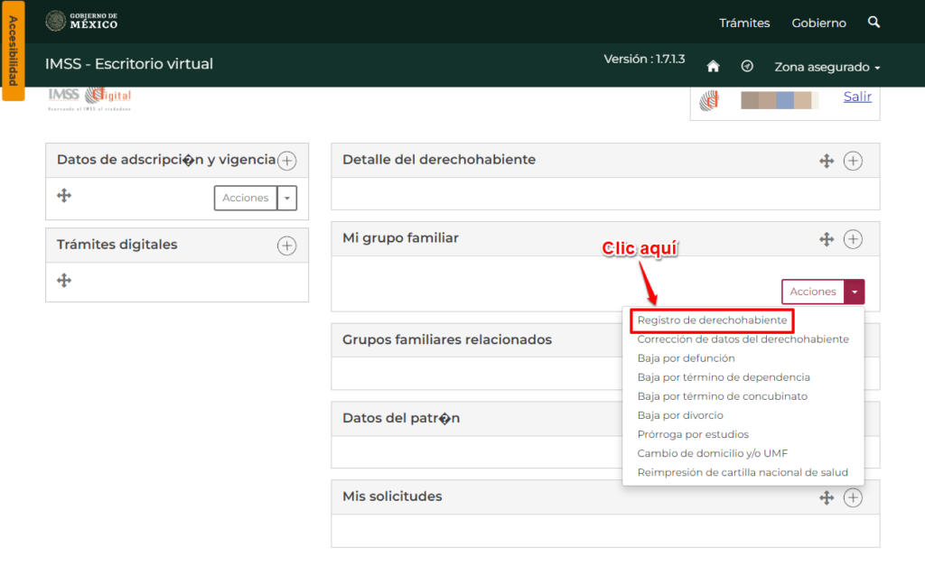 Una vez que des clic verás en pantalla más recuadros con opciones, aquí busca el recuadro de Mi grupo familiar, da clic sobre Acciones y selecciona la opción Registro de derechohabiente:
