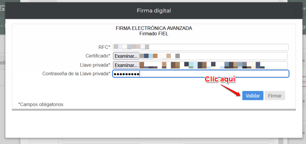 Al dar clic en la opción deberá ingresar nuevamente tu firma electrónica y dar clic en Validar: