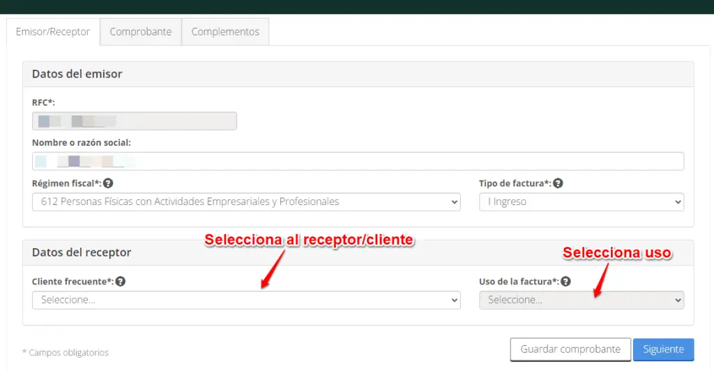 Agrega o selecciona al receptor